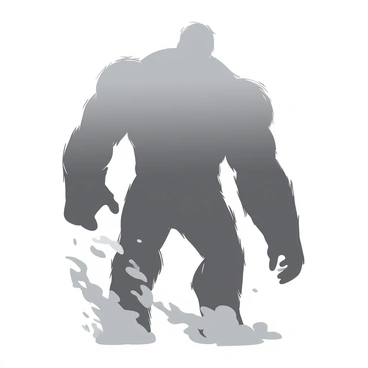 The outline of a titan looms in the distance, its massive form partially obscured by a thick layer of gray fog. The titan's features are only faintly discernible, with strong, defined muscles and a towering height that dominate the scene. Wisps of fog swirl around its feet, creating an ethereal atmosphere. Shadows play across the titan’s silhouette, enhancing its imposing presence against the backdrop of the misty landscape.