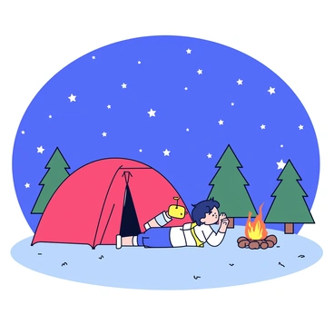 A person is lying flat on their stomach, performing a plank position, next to a tent. The tent is a classic dome shape, with a bright red exterior and a small entrance flap. Above, a vast starry sky is filled with numerous twinkling stars, creating a beautiful backdrop. The campsite is surrounded by a few scattered pine trees, and the ground is covered in soft grass and small pebbles. A faint glow from a campfire illuminates the area nearby, casting warm light on the scene.