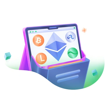 An open digital wallet is displayed, showcasing various cryptocurrencies on the screen. The wallet interface prominently features the Ethereum logo, represented as a distinctive diamond shape in a glowing blue hue. Surrounding the Ethereum icon are circular icons for Bitcoin, Litecoin, and Ripple, each illustrated in their respective colors: orange, silver, and light blue. The background of the digital wallet is sleek and modern, with soft pastel tones. The wallet's borders are subtly rounded, enhancing its contemporary look.