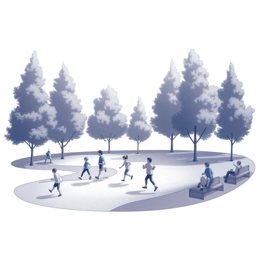 A city park filled with activity. Several people are jogging along a winding path, wearing athletic clothing and focused on their exercise. Nearby, a group of children is playing, their laughter evident as they engage in games, running and chasing one another. Tall trees line the perimeter of the park, their foliage providing ample shade for a resting area where a few individuals are sitting on benches, observing the lively scene around them. The ground is a blend of grassy areas and paved pathways, creating a welcoming space for various recreational activities.