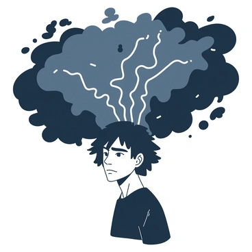 A figure stands with a serious expression, surrounded by dark storm clouds swirling above their head. From the clouds, bright bolts of lightning shoot out, illuminating the figure's face. The person's hair is tousled by the winds, and their clothing appears to ripple as if affected by the stormy atmosphere. The entire scene is dynamic, filled with the intensity of the storm clouds and the striking lightning.