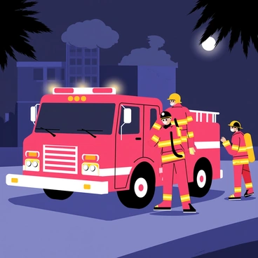 A group of firefighters in bright red uniforms is actively responding to a nighttime emergency call. Their fire truck, adorned with flashing lights, is parked on a dark street illuminated by the glow of the headlights. A firefighter is holding a large, hose ready for action, while another is climbing out of the truck with a helmet on. In the background, a building is faintly visible, with smoke curling up into the night sky, creating a sense of urgency in the scene. The moonlight casts shadows that enhance the dramatic atmosphere of the emergency response.