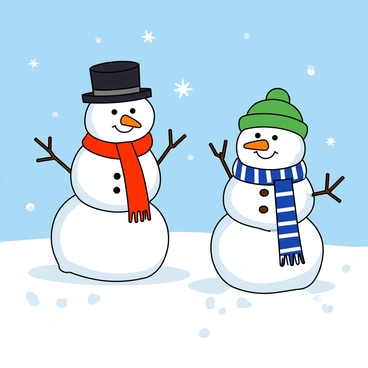 Two cheerful snowmen are standing in a snowy field. Each snowman has a round body, made of three large snowballs stacked on top of each other. The first snowman is wearing a bright red scarf and a black top hat, with a carrot for a nose and coal pieces for eyes and buttons. The second snowman has a blue striped scarf and a green beanie, also with a carrot nose and coal eyes. The snowy field is covered with a thick layer of freshly fallen snow, sparkling under a clear blue sky. In the background, there are a few gently falling snowflakes, adding to the winter atmosphere.