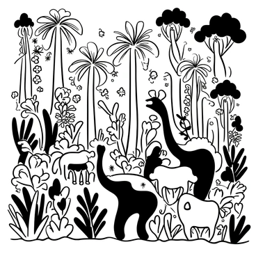 A dense jungle filled with tall, intricate trees with twisting branches and large leaves. Various animals are scattered throughout the scene, including a giraffe with an elongated neck, a zebra with unique patterns, and an elephant with an unusual shape. The ground is covered with thick foliage and textured undergrowth, with vines hanging down from the trees. The composition creates a sense of depth and complexity, showcasing the diversity and unexpected forms of the jungle's inhabitants.