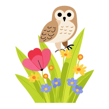 A curious owl with large, expressive eyes is perched on a vibrant red poppy plant. The owl has soft, brown and white feathers with intricate patterns. Surrounding the poppy plant, there is a cluster of various brightly colored flowers, including yellow daisies and blue forget-me-nots. The scene is filled with lush green leaves that create a vivid backdrop for the owl. Sunlight gently illuminates the flowers, highlighting their delicate petals.