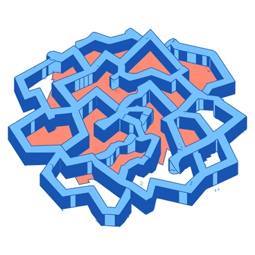 A blue complex geometric maze features overlapping pathways that twist and turn in various directions. The pathways are outlined sharply, creating a dynamic sense of depth and movement. The background is filled with a contrasting orange, enhancing the visual complexity of the maze. The maze's structure includes various shapes such as triangles, squares, and hexagons that intersect at multiple points, creating an intricate labyrinthine effect.