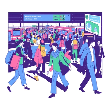 A vibrant scene at a train station filled with numerous commuters moving between platforms during rush hour. People of different ages and backgrounds are seen hurrying along the platform, some checking their watches while others carry bags or briefcases. In the foreground, a woman with a teal scarf is rushing towards a train, while a man in a blue suit stands nearby, waiting for his train. The atmosphere is bustling with activity, and digital display boards are visible, showing train schedules. On the platforms, there are several trains, each with bright colors, ready for departure. The environment is alive with the sounds of announcements and the rhythm of footsteps.