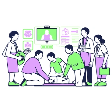 A group of five individuals is engaged in a CPR and first aid training session. Each person is positioned around a mannequin, which is lying on a mat. One individual is kneeling beside the mannequin, demonstrating chest compressions, while another is observing closely and taking notes on a clipboard. The third member is holding a first aid kit, ready to assist, while the fourth person is watching a video presentation displayed on a nearby screen. The fifth individual is standing, explaining the techniques to the group. The room is well-lit with posters on the walls illustrating first aid procedures and emergency contact information.