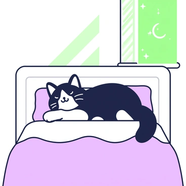 A fluffy cat with black and white fur is lounging on a neatly made bed. The cat is positioned comfortably in the center of the bed, with its eyes half-closed as it enjoys the sunlight streaming in. The bed has a smooth, white duvet cover, and the pillows are arranged neatly at the head. Sunlight casts soft shadows, highlighting the cat's fur texture and the crispness of the bedding. A small window can be seen in the background, partially open, allowing a gentle breeze to flow through.
