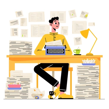 A journalist sitting at a wooden desk that is cluttered with stacks of newspapers in various sizes. The desk is filled with several overflowing ashtrays containing burnt cigarette butts. A vintage typewriter is positioned at the center of the desk, with sheets of paper scattered around it. A cup of cold coffee sits beside a small desk lamp that emits a warm glow. The walls behind the journalist are adorned with photos and notes pinned up, creating a chaotic but lively workspace.
