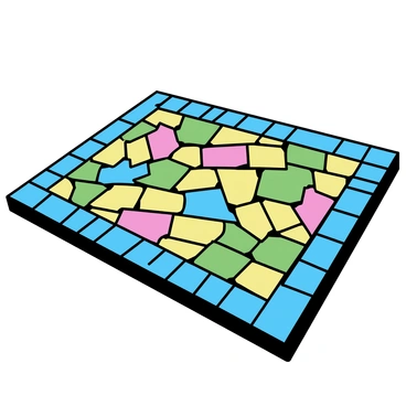 A floor mosaic, composed of various geometric shapes, displaying intricate patterns. The mosaic is created using vibrant tiles in shades of blue, red, yellow, and green. The tiles are arranged meticulously to form a harmonious design that covers the entire surface. The edges of the mosaic are defined, showcasing the contrast between the colors and the grout lines.