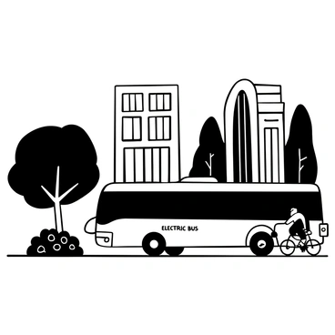 A sleek, modern electric bus with a streamlined design is driving along a tree-lined street. There are tall buildings featuring glass facades in the background. Lush greenery, including shrubs and flowering plants, lines the sidewalk. People can be seen walking and riding bicycles nearby. The bus has a visible charging port and is displaying the words "Electric Bus" on its side.