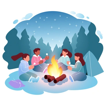 A group of children is sitting around a glowing campfire in the forest. The campfire emits warm, bright light that casts soft shadows on the trees surrounding them. Above, the night sky is filled with twinkling stars, scattered across a deep blue expanse. The children are wearing colorful jackets and are engaged in storytelling, with some holding marshmallows on sticks. Nearby, a tent is pitched, and a backpack rests on the ground. The ambiance is filled with the warmth of the fire and the charm of the night.