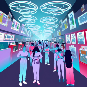 A vibrant street festival filled with people wearing futuristic costumes, showcasing a variety of styles and colors. Some individuals are dressed in sleek metallic outfits adorned with LED lights, while others wear flowing garments with digital patterns. There are elaborate floats decorated with neon lights and animated holographic displays that project swirling patterns and images above the crowds. The streets are bustling with activity, as attendees engage with interactive holograms and enjoy futuristic food stands featuring visually striking food items. Bright lights illuminate the scene, creating a lively and energetic atmosphere.