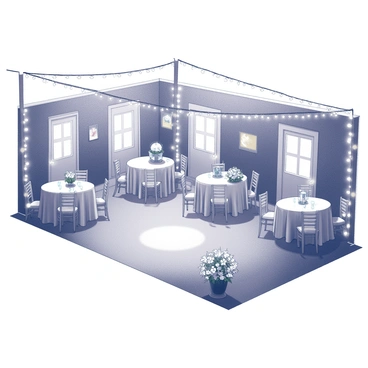 A wedding venue is set up for a nighttime celebration. Strings of fairy lights are draped across the ceiling and around the edges of the space, casting a warm glow. Tables are arranged neatly, each adorned with white tablecloths and small centerpieces. Chairs are set up around the tables, and a dance floor is visible in the center. The ambiance is lively, with soft light reflecting off the decorations. A floral arrangement is placed at the entrance, enhancing the festive atmosphere.