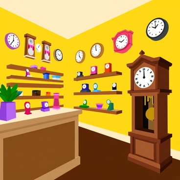 An antique clock shop filled with various clocks of all shapes and sizes. The shop features a large grandfather clock standing tall in one corner, its pendulum swinging back and forth. On the walls, ornate wall clocks with intricate designs display different times. There are small tabletop clocks with elegant patterns and delicate features scattered across wooden shelves. The floor is made of dark wood, and the soft sound of ticking fills the air, creating a lively atmosphere. The lighting is warm, highlighting the polished surfaces of the clocks, making them shine.
