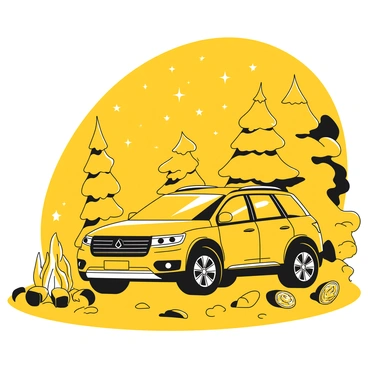 A crossover SUV parked on a gravel surface, illuminated by the warm glow of a campfire nearby. The SUV features sleek lines and modern styling, with headlights turned off and soft light reflecting off its surface. The campfire burns steadily, casting flickering shadows around the scene. A starry sky fills the background, with countless stars visible against the night. Nearby, a few logs are arranged around the campfire, creating a cozy atmosphere.