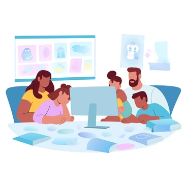 A family consisting of two adults and two children is gathered around a computer. The adults are sitting on either side of the children, who are excitedly leaning forward. The computer screen displays colorful illustrations related to a kid-friendly webinar. Various books and toys are scattered around the table, creating a lively atmosphere. The room is decorated with bright colors, and a large poster of a cartoon character is visible on the wall.