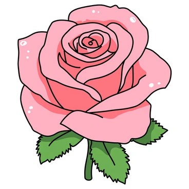 A close-up view of a delicate pink rose in full bloom. The rose petals are soft and velvety, showcasing various shades of pink, from light blush to deeper rose. Dewdrops glisten on the edges of the petals, adding a fresh, refreshing look. The center of the rose is tightly curled, revealing intricate details. Green leaves with serrated edges are visible in the background, framing the rose and enhancing its vibrant color. The overall composition captures the beauty and fragility of the flower in a bright, cheerful manner.