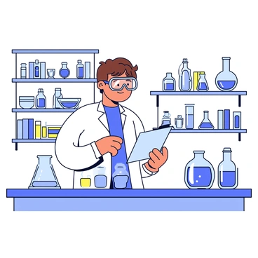 A scientist wearing a white lab coat stands at a laboratory bench filled with various glass beakers and test tubes. The scientist has short brown hair and is wearing protective goggles. They are intently observing a bubbling blue liquid in a beaker, taking notes on a clipboard with their other hand. The lab is equipped with shelves lined with scientific books and additional lab equipment. A desk lamp shines brightly, illuminating the workspace.