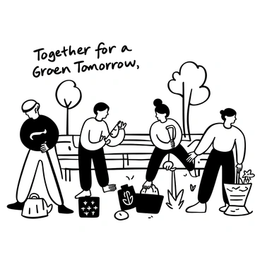 A group of individuals from various backgrounds gathered in a park, each engaged in cleaning activities. One person is picking up litter with a trash grabber, while another is placing bags of waste nearby. There is a third volunteer planting flowers in a garden bed. Tools such as gloves, trash bags, and gardening equipment are visible around them. Trees and benches in the background suggest a serene park setting. The words "Together for a Greener Tomorrow" appear prominently in the scene.