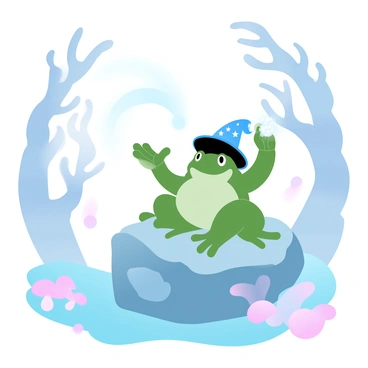 A green frog is perched on a large, moss-covered rock in the middle of a mystical forest. The frog is wearing a tiny, pointed wizard hat adorned with stars and moons. It is raising one of its front legs, and a swirl of sparkling magical energy is emanating from its fingertips. Surrounding the frog are tall, ancient trees with twisting trunks and glowing mushrooms scattered across the forest floor. Wisps of ethereal light float through the air, illuminating the scene with a soft shimmer.