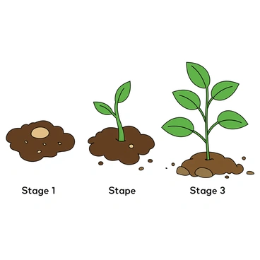 A sequential illustration showing three stages of a sweet bean's growth. In the first frame, a small brown seed is resting in dark, rich soil with tiny droplets of water around it. In the second frame, a sprout with two small green leaves emerges from the soil, stretching upwards. The soil is slightly disturbed, indicating growth. In the third frame, a healthy young plant stands tall, featuring several larger green leaves and a sturdy stem, surrounded by more soil and a few scattered pebbles. Each stage is clearly labeled, demonstrating the progression from seed to full plant.