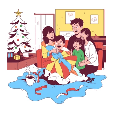 A delighted child with bright eyes is sitting on a fluffy blue carpet in a cozy living room. The child is in the process of unwrapping a large parcel wrapped in colorful paper. A cheerful smile spreads across the child's face as colorful ribbons scatter around. Nearby, family members, including a smiling parent and a curious sibling, are watching with excitement. The living room is warmly lit, with a festive atmosphere, featuring a decorated white Christmas tree in the corner and holiday ornaments all around. A steaming mug of cocoa sits on a nearby table, adding to the cozy ambiance.