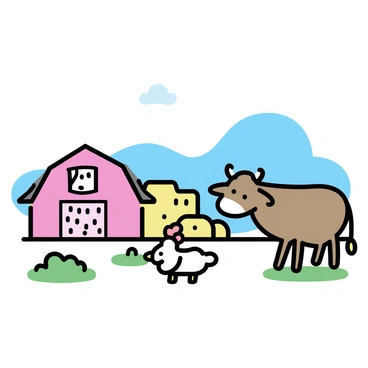 A farm scene featuring animals crafted from KitKat bars. There is a brown cow made of KitKat bars standing next to a red barn. Nearby, a sheep made of white KitKat bars is grazing on green grass. A chicken, also made of KitKat bars, is pecking at the ground. In the background, there are hay bales and a clear blue sky. Each animal is distinctively shaped and has a playful expression.