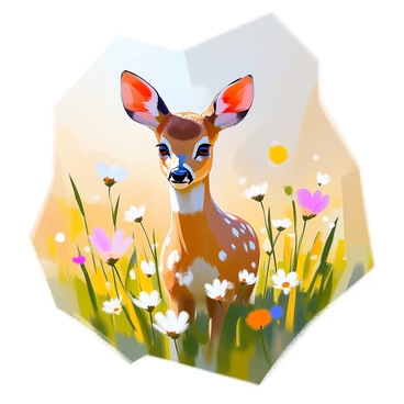 A curious roe deer fawn with light brown fur and white spots is peeking through tall, green grass in a quiet field. The fawn has large, expressive eyes that are focused intently on its surroundings. The field is dotted with wildflowers in various colors, providing a lively backdrop. The sun is casting soft light across the scene, illuminating the fawn's delicate features. Gentle breezes cause the grass to sway slightly, adding movement to the tranquil atmosphere.