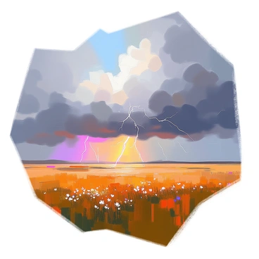 A landscape featuring a vast field under dark, stormy clouds that fill the sky with an ominous atmosphere. The clouds are swirling and heavy, casting deep shadows over the ground. In the background, several bright flashes of lightning illuminate the scene, creating stark contrasts against the dark sky. The field is dotted with patches of grass and wildflowers, swaying gently in the wind as the storm approaches.