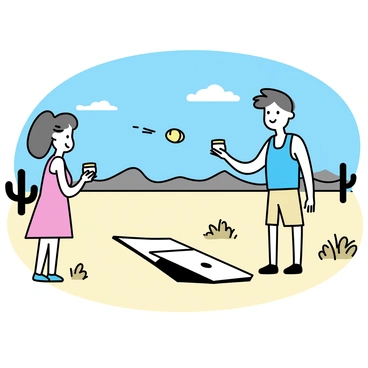 A couple standing in a vast desert landscape, engaged in a game of cornhole. The man, wearing a blue tank top and beige shorts, throws a bean bag towards a cornhole board. The woman, dressed in a red sundress, watches intently as she holds a bean bag in her hand. Sagebrush and cacti are scattered across the sandy ground, with distant mountains fading into the horizon. The sky above is a clear blue, with a few wispy clouds.