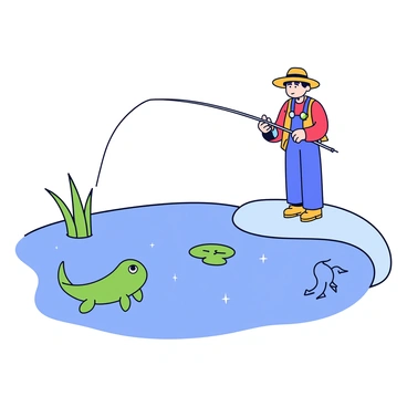 A small green tadpole with a slender body and a long tail is positioned near the edge of a clear blue pond. The tadpole's eyes are wide, gazing curiously at a fisherman who stands on the bank. The fisherman, wearing a wide-brimmed hat, is in the process of casting his fishing line into the water. He holds a fishing rod with both hands, and a colorful bait is visible on the line. In the background, there are green reeds and a few lily pads floating on the surface of the pond. The sunlight reflects off the water, creating small sparkles.