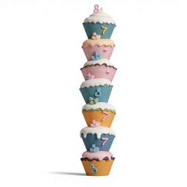 A tall cupcake tower consisting of eight cupcakes stacked neatly. Each cupcake has a distinct design, with seven of them prominently decorated to represent the fraction "8/7". These seven cupcakes feature vibrant colors, intricate icing designs, and playful edible decorations that symbolize the numbers 8 and 7 in various creative ways. The eighth cupcake at the top is simply frosted, acting as a complement to the decorated ones below. The tower is set against a neutral background to ensure the focus remains on the colorful and artistic cupcake decorations.