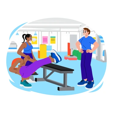 A personal trainer with short brown hair is demonstrating incline push-ups to a client. The trainer is wearing a bright blue athletic outfit and showing proper form with their arms extended and body positioned at an angle. The client, a young woman with long black hair tied in a ponytail, is watching intently while standing beside a sturdy exercise bench. The setting is a well-lit gym with colorful workout equipment in the background, and there are motivational posters on the walls. The scene conveys a focused and energetic atmosphere as the trainer encourages the client.