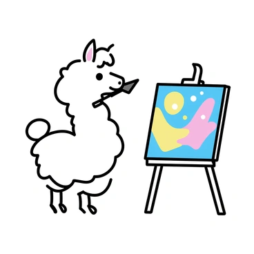 A llama with fluffy white fur is standing upright, holding a large paintbrush in its mouth. It is positioned in front of an easel, which displays a vibrant, colorful canvas filled with swirling patterns and bright hues. The llama's expressive eyes are focused on the canvas, while its ears are perked up, suggesting concentration. The background is minimalistic, emphasizing the llama, the easel, and the artwork in a simple setting.