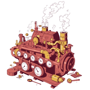 A duotone illustration features a large steampunk machine composed of various intricate mechanisms. The machine is adorned with numerous exposed brass gears and copper pipes intertwining in a complex design. Several pressure gauges with glass faces are prominently displayed on the machine's body, showcasing various readings. Steam escapes through a series of small vents, creating an atmosphere of motion and activity. The background is filled with smaller components and tools scattered around, contributing to the industrial aesthetic.