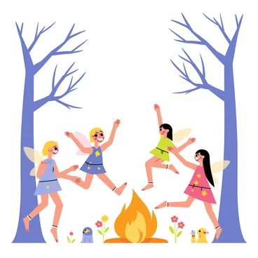 A group of small fairies with iridescent wings is dancing joyfully around a tiny bonfire. The bonfire emits flickering orange and yellow flames, casting a warm glow on the scene. The fairies wear colorful dresses made of petals and leaves, their laughter visible as bright sparkles in the air. Surrounding the bonfire, tall, whimsical trees with twisted branches create a magical canopy overhead. Delicate flowers in various colors bloom at the fairies' feet, adding to the enchanting atmosphere of the forest. Small, soft creatures peek from behind the trees, observing the lively celebration.