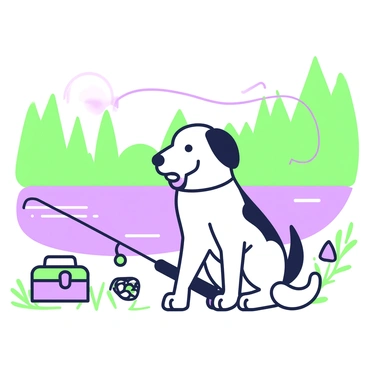 A dog sitting patiently by a lake. The dog has a shiny coat and is looking attentively towards the water. Beside the dog, there is a fishing rod resting on the ground, with a line cast into the lake. The lake has a smooth surface with small ripples, reflecting the surrounding trees and sky. In the background, there are tall trees lining the shore, creating a tranquil setting. The sun is low in the sky, casting soft shadows on the ground. A small tackle box is placed next to the dog, hinting at an enjoyable fishing trip.
