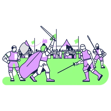 A scene depicting a modern reenactment of Jeanne d'Arc's famous battles. In the foreground, actors dressed in historically inspired costumes embodying Jeanne d'Arc and her soldiers are engaged in an intense mock battle. Jeanne, wearing armor with a flowing cape, holds a sword high, rallying her troops. To her left, another actor dressed as a soldier brandishes a shield, while on her right, a soldier prepares to charge with a spear. In the background, a makeshift camp with tents and banners can be seen, surrounded by spectators watching the performance. The atmosphere captures the energy and determination of the reenactment.