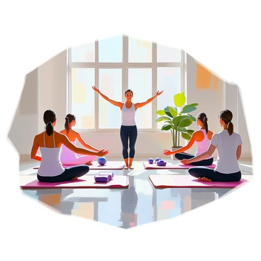 A group session is taking place in a well-lit pilates studio with large windows allowing natural light to fill the space. Several individuals of diverse ethnic backgrounds are engaged in various pilates exercises on mats. Each participant is wearing comfortable athletic clothing. In the center, an instructor demonstrates a specific exercise designed to strengthen the pelvic floor muscles. The instructor has an encouraging expression and is providing guidance to the participants. Multiple exercise props such as small balls and resistance bands are scattered around the mats, adding variety to the workout routine. The atmosphere is focused and supportive as everyone works on their form and technique.