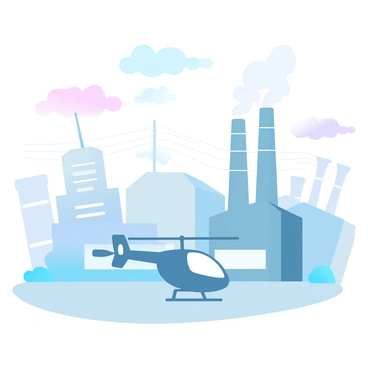 A helicopter pad is situated on a concrete surface, surrounded by a collection of industrial factories. The factories are large, with multiple levels and various shapes, constructed from steel and concrete. Tall smokestacks rise prominently from the factories, emitting wisps of smoke into the atmosphere. In the background, a series of power lines stretch across the scene, adding to the industrial landscape. The sky above features a gradient of pastel colors, transitioning from soft pinks to light blues, creating a striking contrast against the hard edges of the industrial structures.