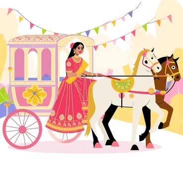 A modern Indian bride sitting gracefully in a horse-drawn carriage with ornate decorations. The bride is wearing an elaborate red and gold wedding lehenga adorned with intricate embroidery. Her long hair is styled elegantly, and she has traditional jewelry, including a maang tikka and earrings, shining in the light. The carriage features intricate floral patterns and colorful fabrics draped elegantly over it. Two beautiful horses are harnessed, one white and one brown, both adorned with colorful saddles and decorative embellishments. The background shows a vibrant festival atmosphere with colorful lights and decorations.