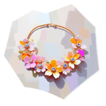 A floral-themed collier featuring an array of intricate flower patterns crafted in gold. The design includes various blooms such as roses, daisies, and lilies, each detailed with delicate filigree work. The collier is shaped to gracefully wrap around the neck, with the floral motifs positioned symmetrically. Each flower is accented with tiny, shimmering gemstones, enhancing the elegance of the piece. The overall composition showcases the craftsmanship and beauty of the jewelry, with a focus on the intricate details of the flower patterns.