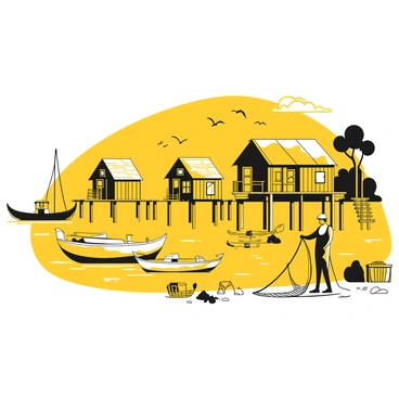 A fishing village with wooden huts built on stilts along the shore. Several boats are docked at the water's edge, gently bobbing with the movement of the waves. The wooden huts have thatched roofs, and fishing equipment is scattered around. In the foreground, a fisherman is mending a net, while seagulls fly overhead. The sky is clear, and the water reflects the silhouette of the village.