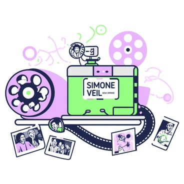 An old film reel is displayed prominently on a wooden table. The reel is metallic with a slightly worn exterior and features a label that reads "Simone Veil: A Life of Courage" in bold letters. Surrounding the reel, there are scattered black-and-white photographs depicting various moments from Simone Veil's life. Each photograph showcases her in different scenarios, such as speaking at a podium, interacting with people, and moments of reflection. In the background, a vintage projector stands ready, its lens reflecting light onto the table surface. A soft, ambient light casts gentle shadows, creating a nostalgic atmosphere that highlights the significance of the film and its subject.