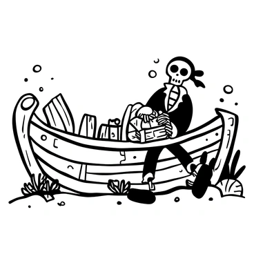 The image depicts the remains of a pirate shipwreck sitting on the ocean floor, with weathered wooden planks scattered around. A skeleton, dressed in tattered pirate clothing, is partially buried in sand, clutching a treasure chest adorned with intricate designs. The chest is slightly open, revealing glimmers of gold coins and jewels inside. Coral and seaweed surround the wreckage, adding to the underwater scene. Bubbles rise around the skeleton, creating a sense of movement in the still underwater environment.