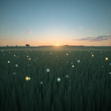 A wide field stretches out under the dusky sky, with tall grass swaying gently in the breeze. Numerous "fireflies" are scattered throughout, their tiny bodies glowing softly in shades of yellow and green as they blink on and off. Delicate wildflowers dot the landscape, adding splashes of color among the grass. The sky transitions from blue to deep orange, with wisps of clouds catching the last light of the day. In the distance, silhouettes of trees outline the horizon, enhancing the tranquil atmosphere of the scene.
