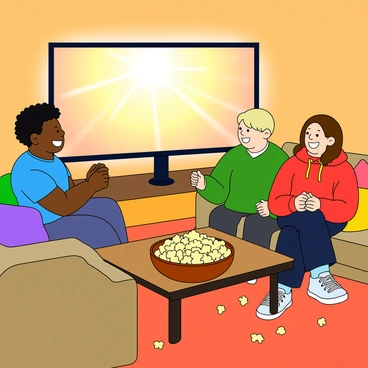 A cozy living room filled with friends sitting comfortably on a plush couch. There are three friends: one with curly black hair wearing a blue t-shirt, another with short blonde hair in a green sweatshirt, and the last friend has long brown hair, casually dressed in a red hoodie. They are all facing a large television displaying a bright movie scene. A big bowl of buttery popcorn is placed on a wooden coffee table in front of them, with a few scattered popcorn pieces around. The room has warm lighting, and colorful throw pillows are scattered on the couch, adding to the inviting atmosphere. The friends are smiling and laughing, clearly enjoying their time together.