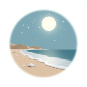 A tranquil beach scene under a bright full moon. The moonlight reflects off the soft, gentle waves that are lapping at the sandy shore. The beach is mostly empty, with a few scattered seashells and smooth stones visible on the sand. The water is a deep blue, contrasting with the lighter sand, while the sky is adorned with a scattering of stars surrounding the moon. The gentle rhythm of the waves creates a peaceful atmosphere.